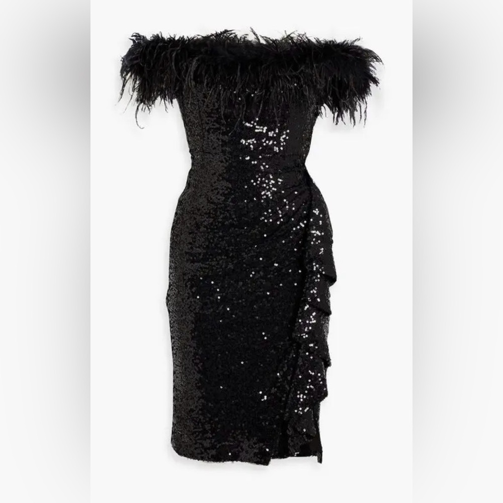 NWT Retail $695 Badgley Mischka Black Sequin Off The Shoulder Dress